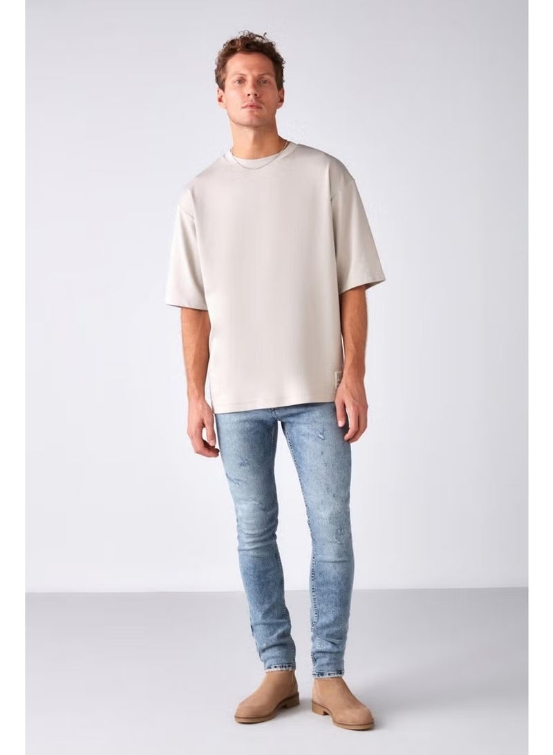 GRIMELANGE Joel Men's 100% Organic Cotton Thick Fabric Special Texture Label Detail Oversize Stone Color T-shirt - Image 5